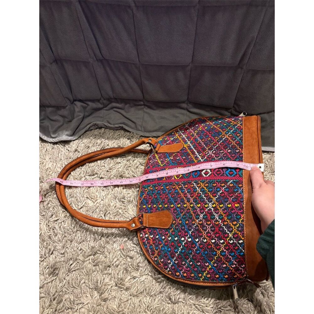 Artisan Handwoven Multicolor Brown Shoulder Bag with Suede Leather Trim - Picture 15 of 16